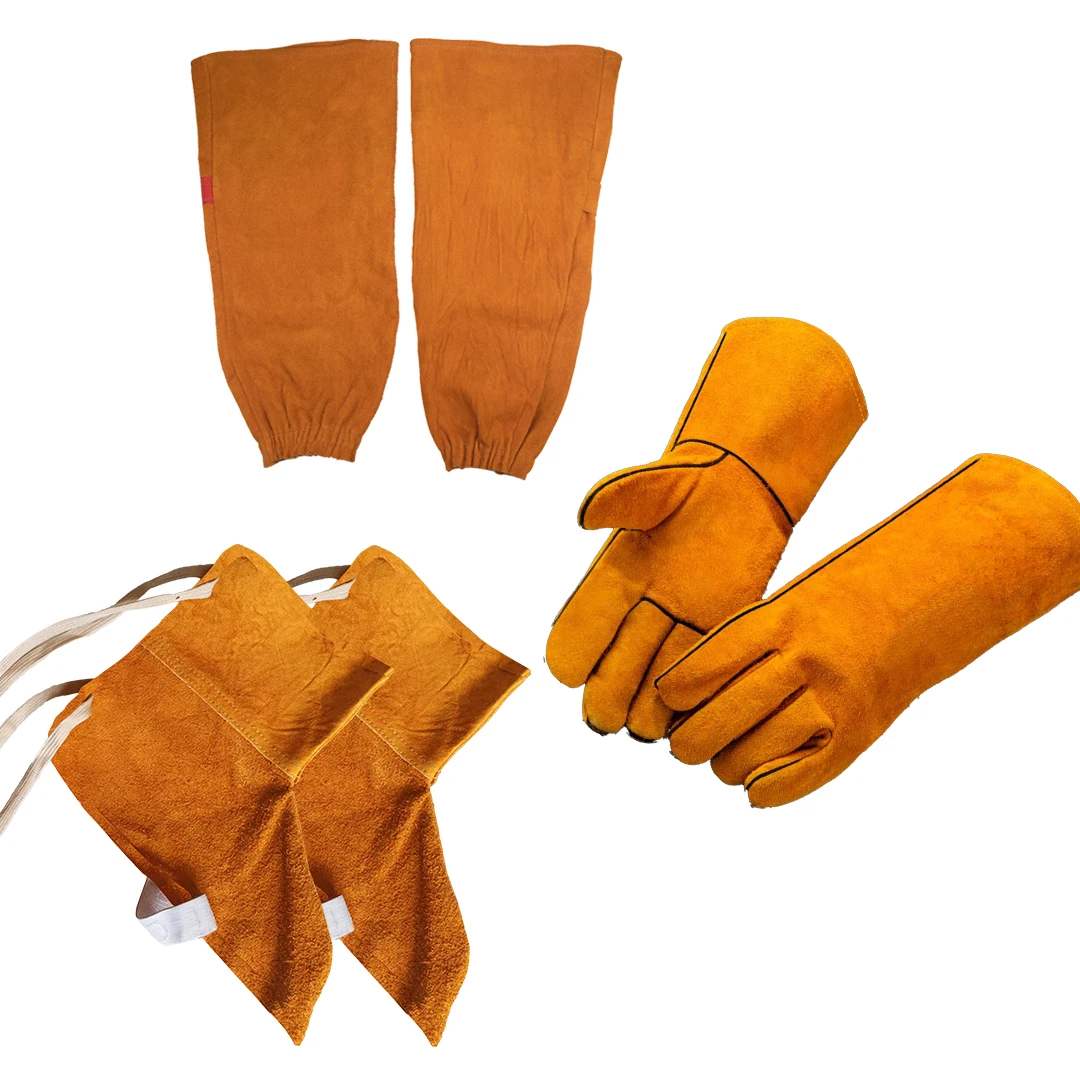Welding Safety Set GlovesLeg Guards Sleeves Leather Gear for Welding, Whitewashing, Warehousing, Animal Care Heat Fire Scratch