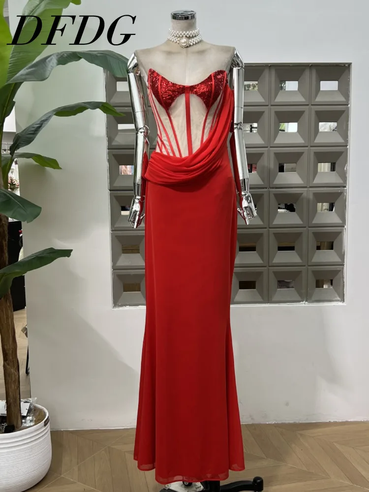 

DFDG 2025 Spring Summer Women’s Sexy Cutout Strapless Dress Sequin Patchwork Illusion Unique Design Evening Party Gown Dress