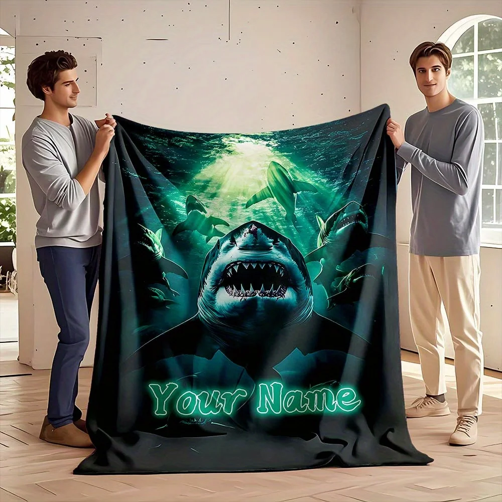 Custom Name Underwater Shark Print Flannel Blanket Soft Throw Blanket for Sofa Bed Couch All Season Boys Room Decor