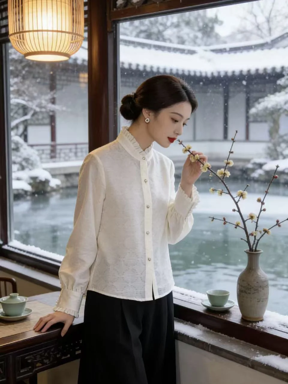 

Новая женская рубашка в китайском стиле из шелка сянъюнь с вышивкой, кружевным воротником, элегантная, универсальная, из смесового хлопка и шерсти