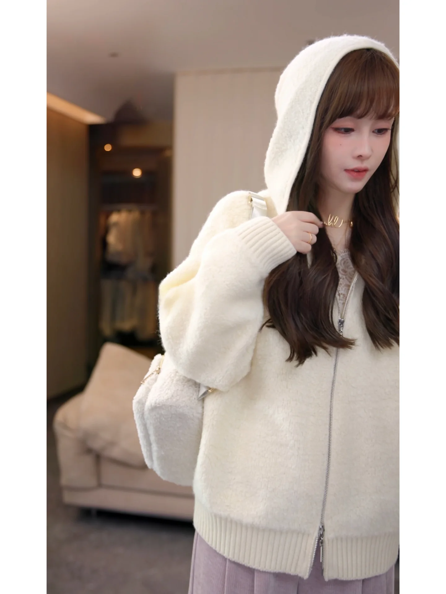 

Yulu Double Zipper Full Wool Hooded Open Cardigan Unwashed Gentle Sweater Women's Fashion Autumn Collection MIMIUS Brand