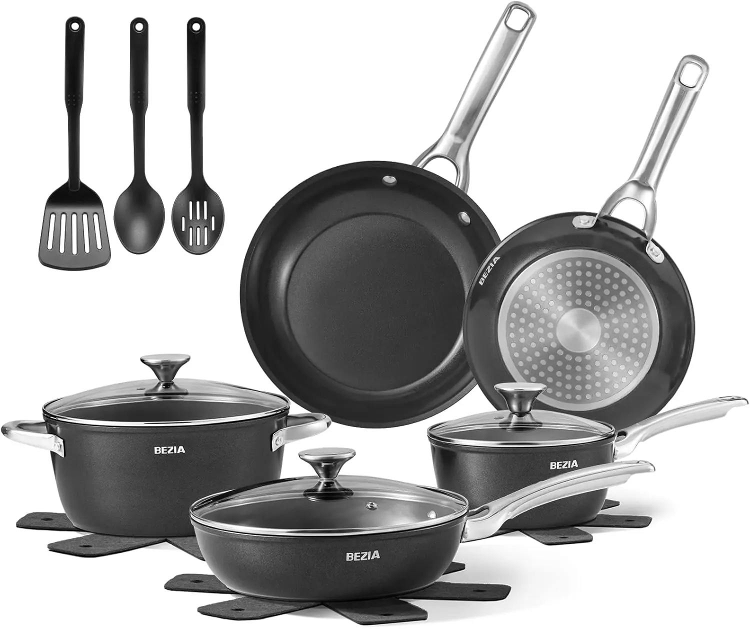 

BEZIA Induction Cookware Set 15-Piece, Pots and Pans Set with Healthy Ceramic Non-Stick Coating, Stainless Steel Handles ＆ Lids,