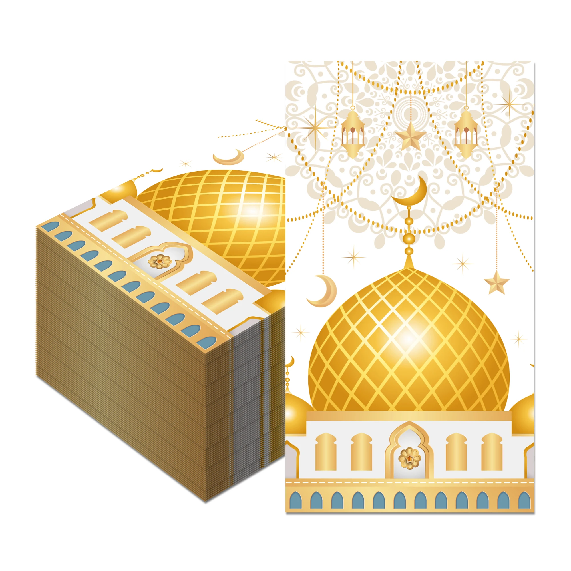 Islamic Pattern Disposable Paper Napkins Double-Sided Ramadan Design with Golden Mosque Dome Moon Star Lantern on White Backgrou
