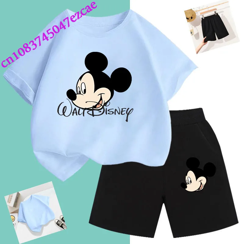 Disney Summer T-Shirt Children's Set Mickey Mouse t shirt Set Short Sleeves and Shorts Boys and Girls Cartoon Print Athletic Wea