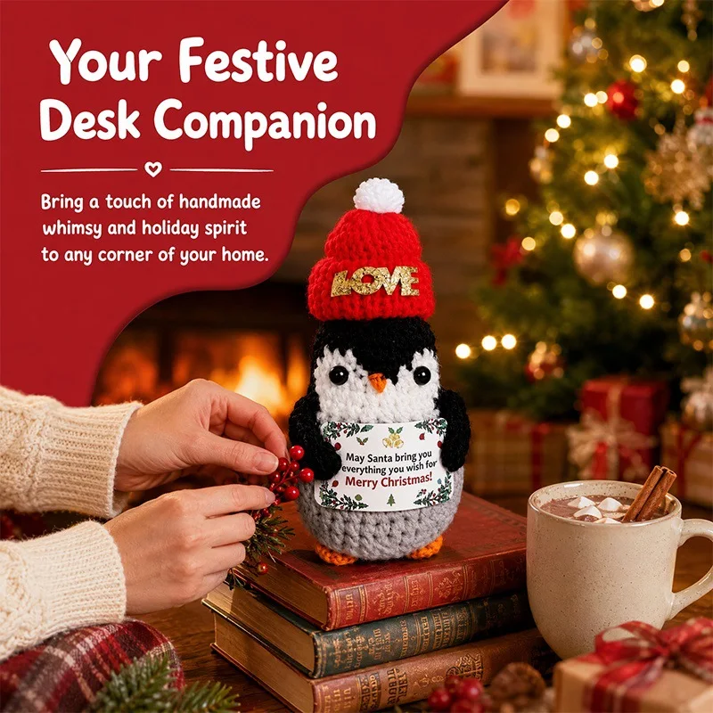 Funny Crochet Positive Energy Penguin Doll with Card Home Room Decoration Handmade Knitted Penguin Ornament Christmas Gifts