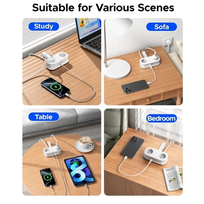 Tiras de energia portáteis para viagem, com portas usb, economia de espaço, cabos de tomada, gerenciamento, estação de carregamento, adaptadores, suporte m4yd