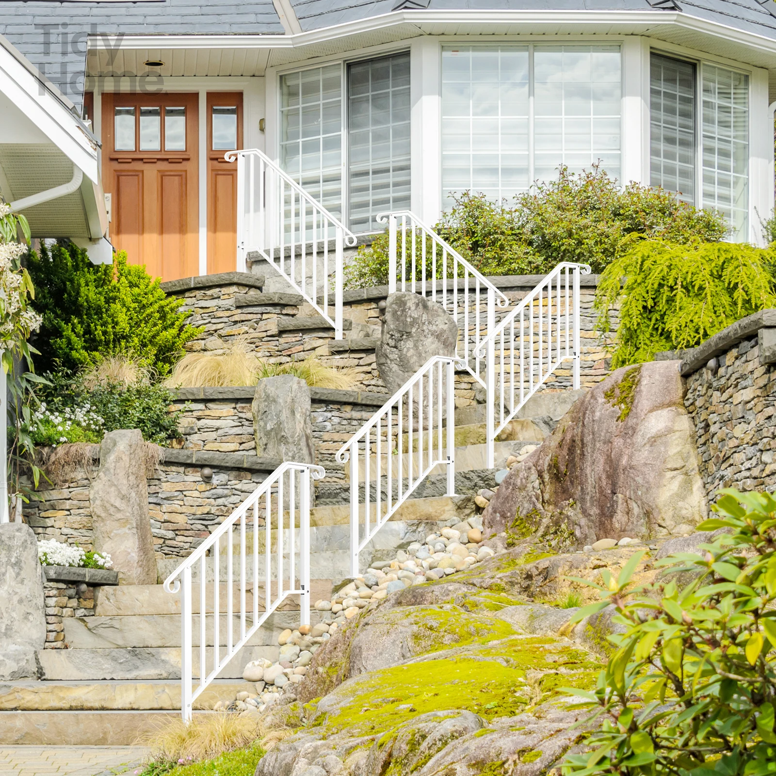 Handrails for Outdoor Steps, Iron Handrail Fits 3 Step, Transitional Handrail with Installation Kit, White