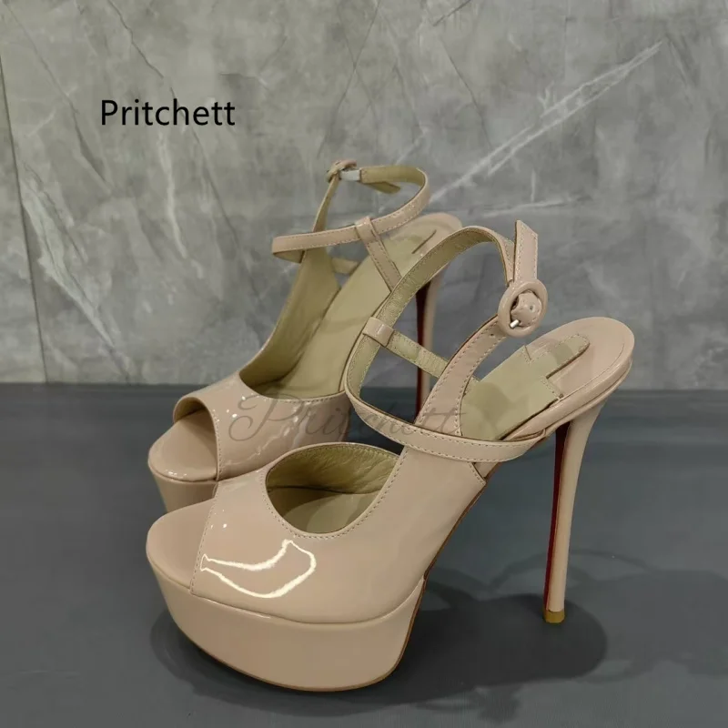 

Peep Toe High Heels Platform Sandals for Women Summer Round Head Hollow Patent Leather High Heeled Fashion Elegant Women's Shoes