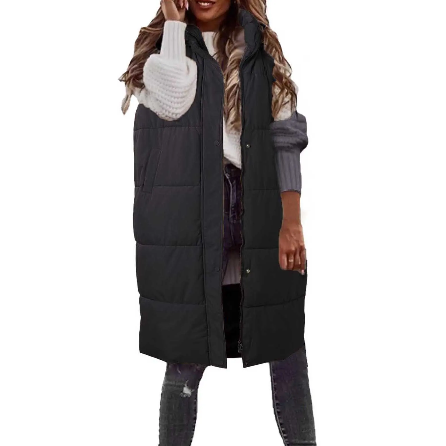 Women Winter Vest Coat Padded Solid Color Sleeveless Hooded Mid Length Slim Fit Zipper Hem Pockets Lady Long Winter Waistcoat