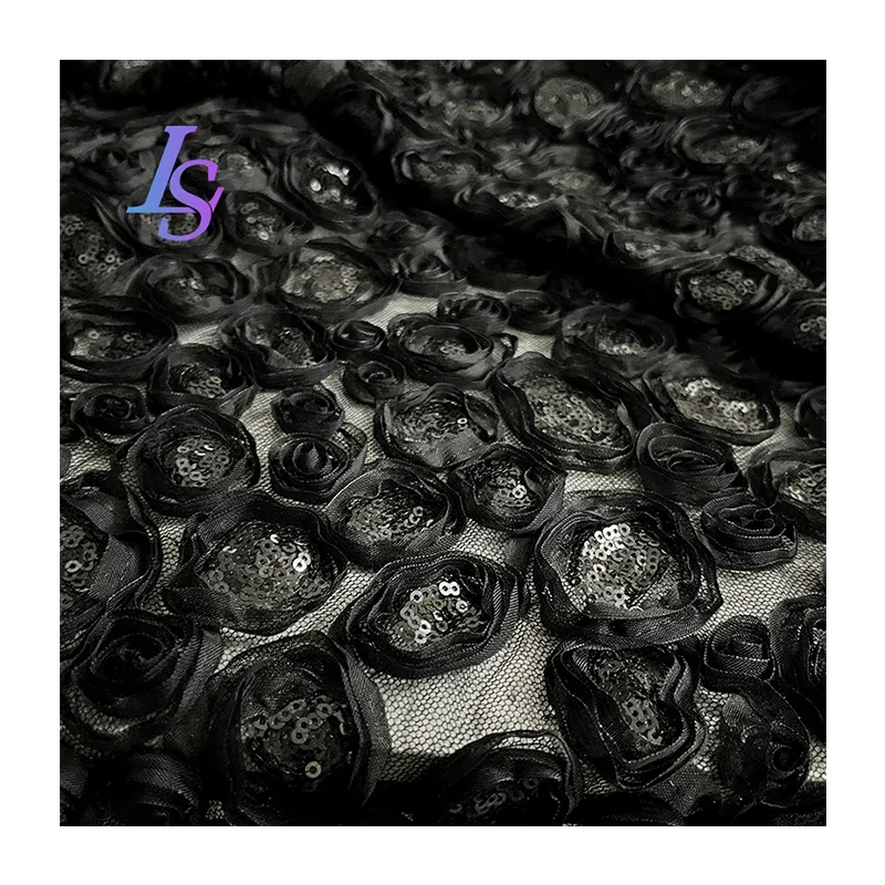 Mesh Fabric Black Rose Sequin Dress Stage Costume Designer Cloth Apparel Sewing By The Meter Diy Polyester Material