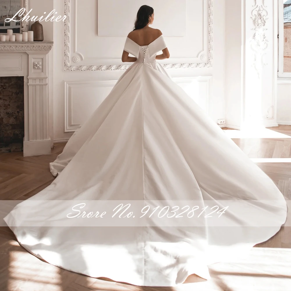 Lhuillier Customized Ball Gown Satin Wedding Dresses Off the Shoulder Pleated Bridal Dress with Side Pockets