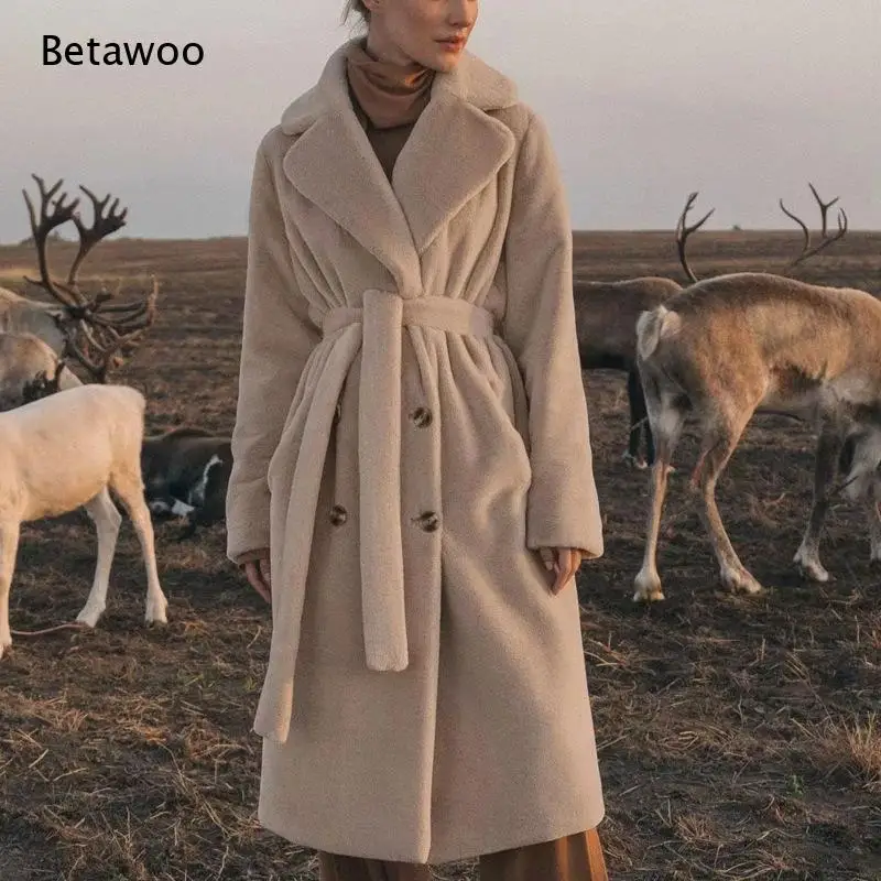 Notched Lapel Belted Faux Fur Coat Long Sleeve Warm Winter Outerwear for Women Casual Street Daily Outfit