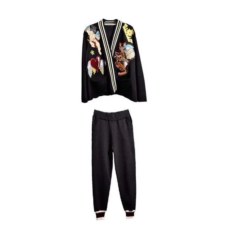 Fashion Women Knitted Suits 2022 New Autumn Embroidery Cartoon Loose Knit Cardigans Coat + Casual Harem Pants Streetwear Sets