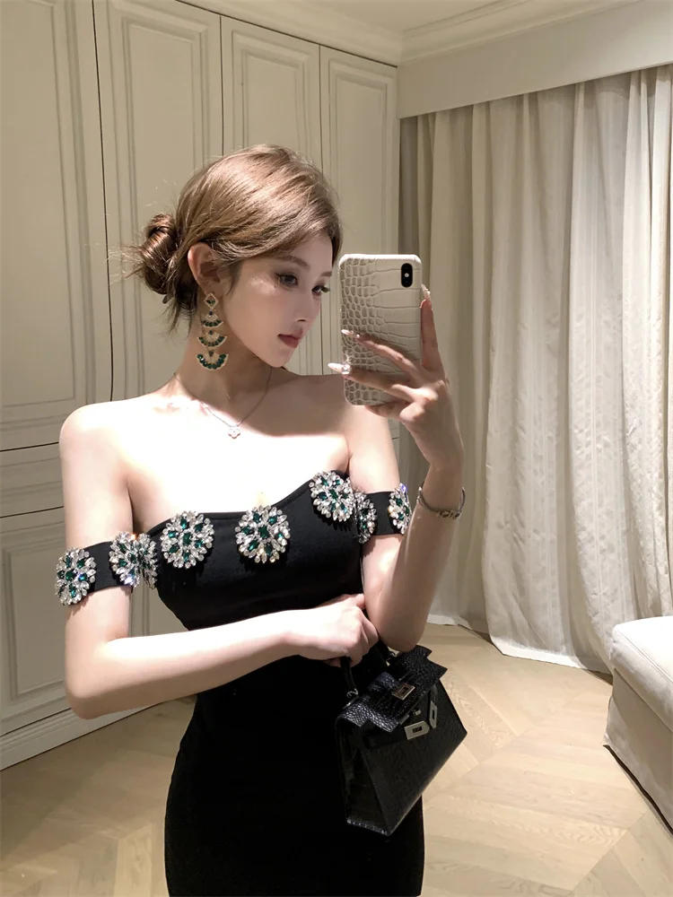 

Luxury Diamond Off Shoulder Dress Elegant Women's High Waist Sheath Long Black Dress 2025 New Formal Party Evening Dresses