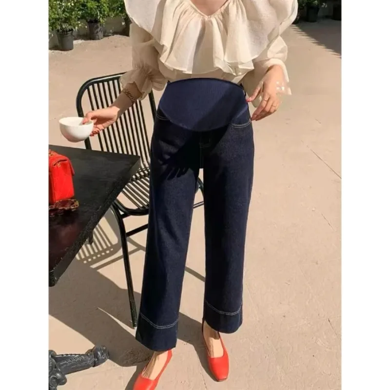 Distressed Old Washed Denim Cropped Jeans for Maternity Retro Casual Belly Straight Pants for Pregnant Women Summer Pregnancy