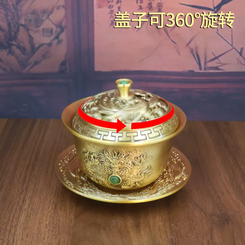 Brass Tea Bowl With Relief Dragon Phoenix Lid, Metal Handicrafts, Custom-Made According To Drawings And S