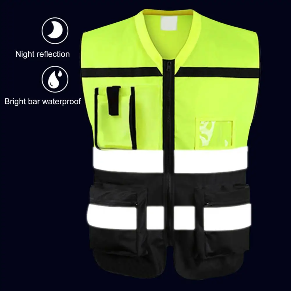 Men High Visibility Reflective Vest V-neck Sleeveless Multi Pockets Waistcoat Clear ID Pocket Pen Holder Vest Coat Safety Vests