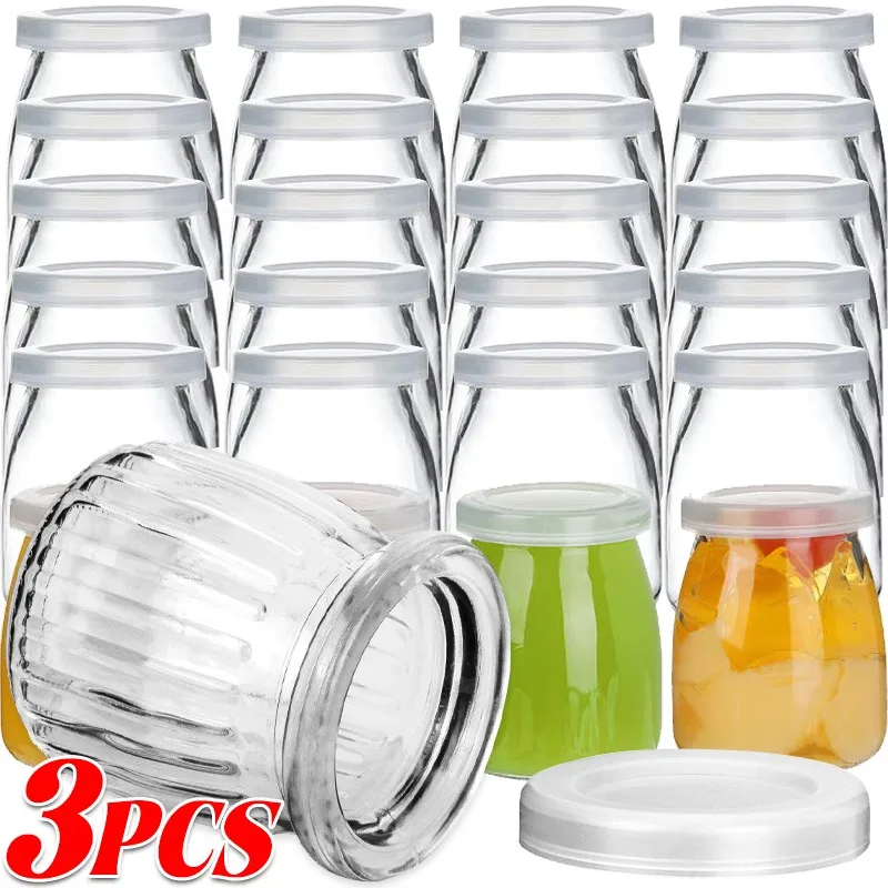 1/3Pcs Joghurt Gläser mit PE Deckel Klar Glas Pudding Container Gewürz Gelee Honig Flasche Milch Haushalt Küche lagerung Mini Tasse