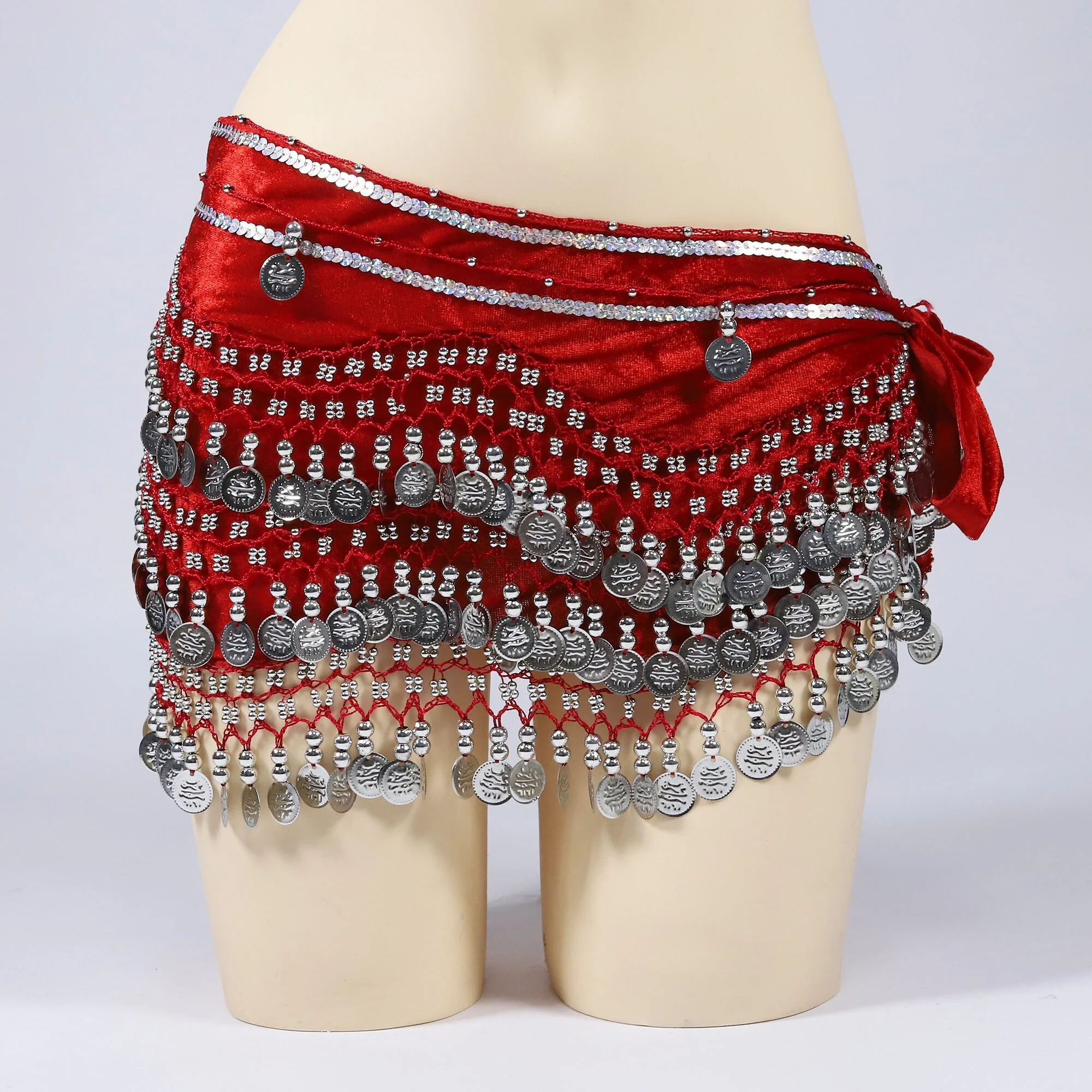 ผู้หญิงคลาสสิก Belly Dance สะโพกผ้าพันคอลูกปัดเข็มขัดกํามะหยี่ Shimmy เหรียญเข็มขัดเริ่มต้น Bellydancer อุปกรณ์เสริมกระโปรงสั้น