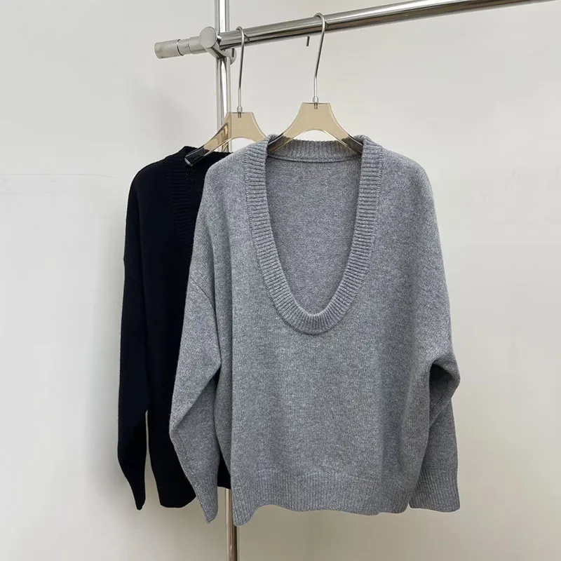 Suéter de malha feminino, pulôver solto com decote em u, suéter de viagem de alta qualidade, top casual versátil, primavera 2026 nova chegada, y2k
