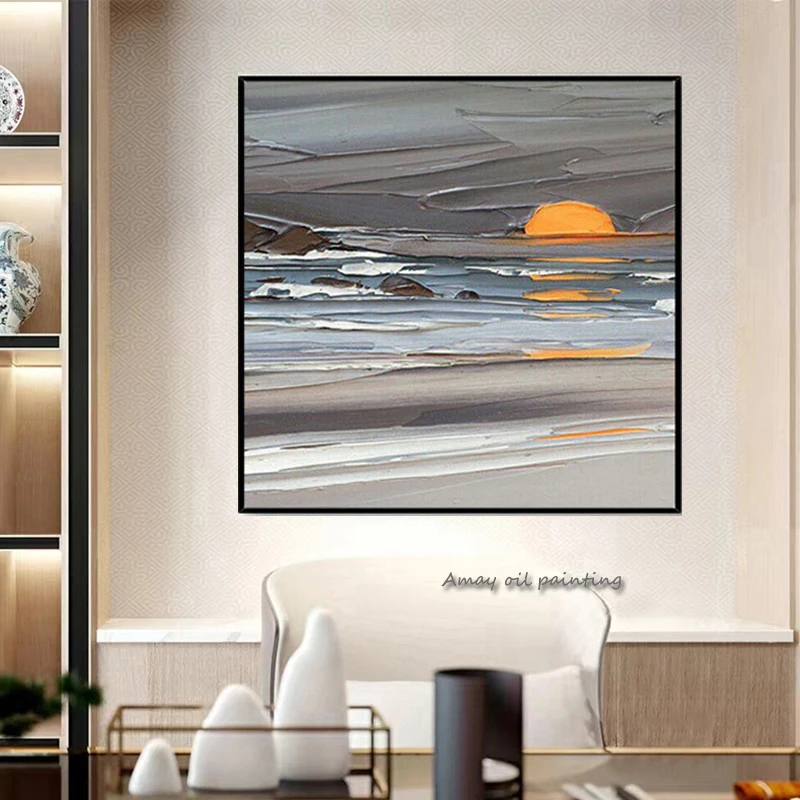

100%Handmade Large Color Sunrise Oil Picture Scenery Thick Mural Oil Painting Sea Wall Decoration Blue Sky Room Artwork Unframed