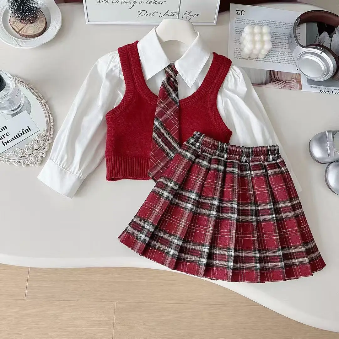 Girls Knitted 3-Piece Outfit Preppy Style Vest Top Skirt Set Fashion Kids Autumn Spring Clothes For Little Girls