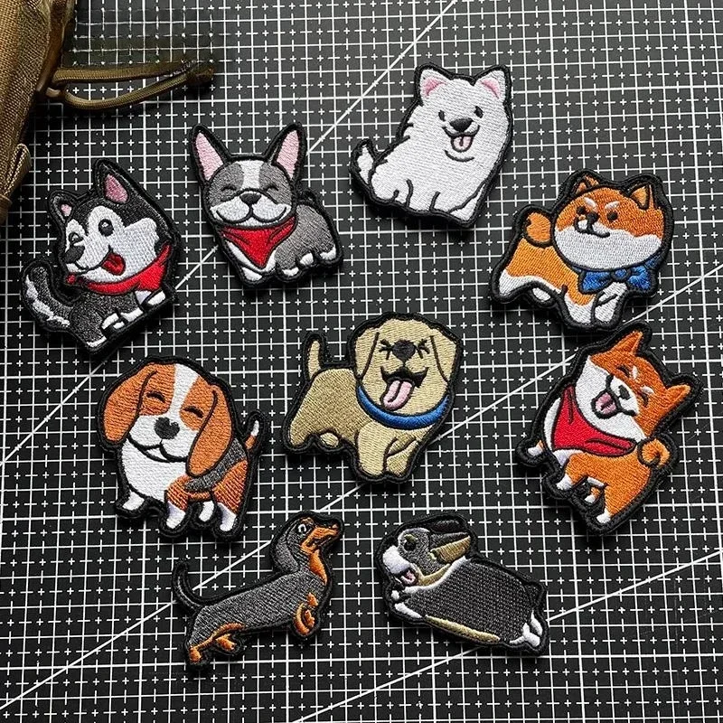 Cute Schnauzer Dog Embroidery Hook&Loop Tactical Patches Military Fun Dachshund Corgi Morale Badge Armband for Backpack Sticker