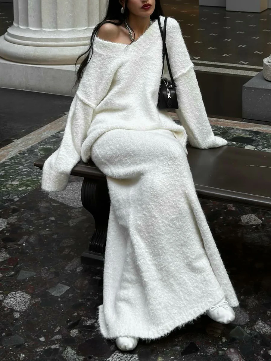 TWOTWINSTYLE solide décontracté deux pièces ensemble pour les femmes col diagonale à manches longues haut taille haute jupe longue costume femme nouveau Style