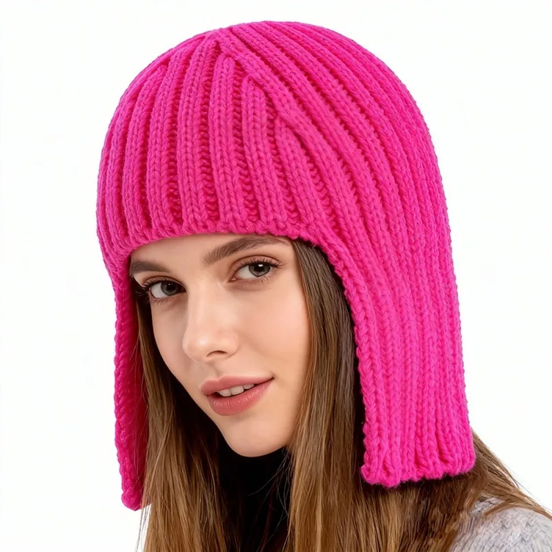 New Style Knitted Wig Hat, Fashionable Ear-Protecting Warm Wool Hat Cold-Proof Warm Beanie Hat Head-Covering Cold Hat