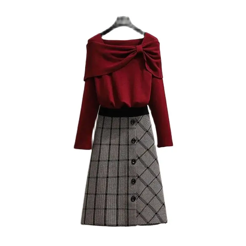 Autumn Winter Mid-Long Skirt Suit Women 2024 New  Pure Colour Sweater Plaid Skirt Two-Piece Suits Fashion Knitwear Sets Female