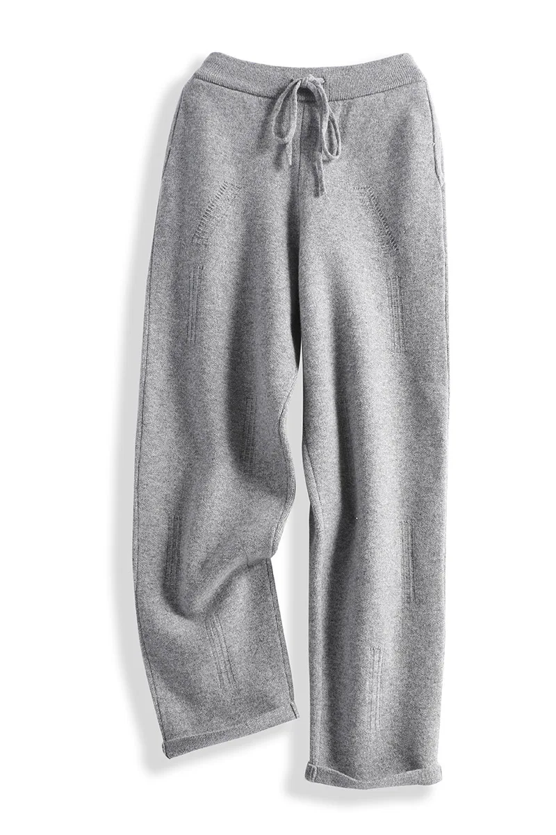 

Women Fashion Embroidered Straight-leg 100% Merino Wool Knit Pants Cashmere Soft Solid Color Trousers Simple Comfortable