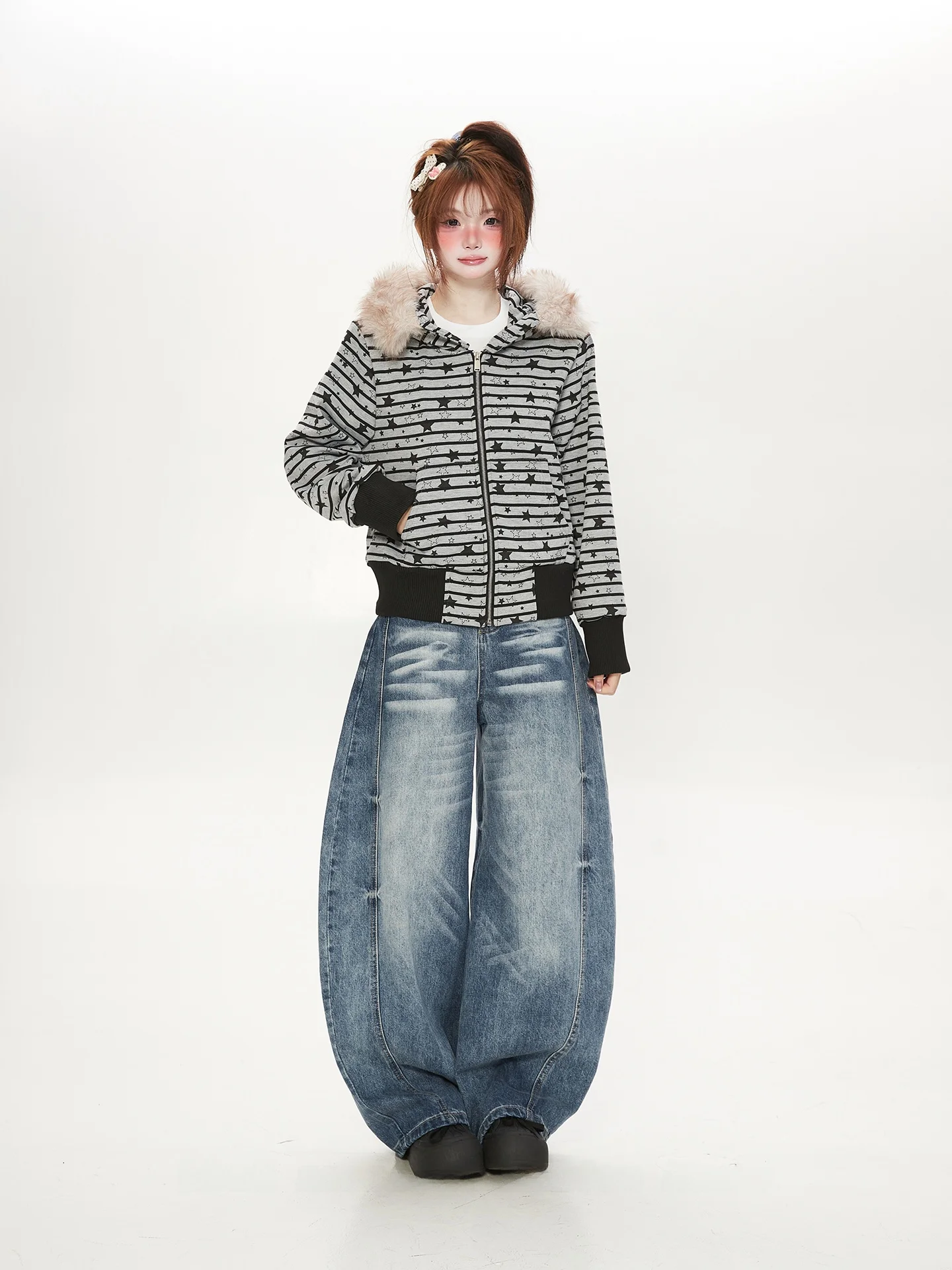 

Женский кардиган-свитшот с капюшоном и меховым воротником, в полоску и с принтом звезд, модная брендовая верхняя одежда для осени и зимы