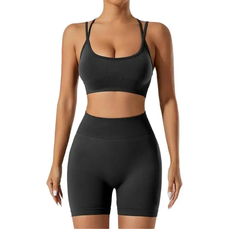 Seamless Yoga Sets Sports Fitness High Waist Hip Raise Pants Long-Sleeved Backless Suit Workout Clothes Gym Shorts Set for Women