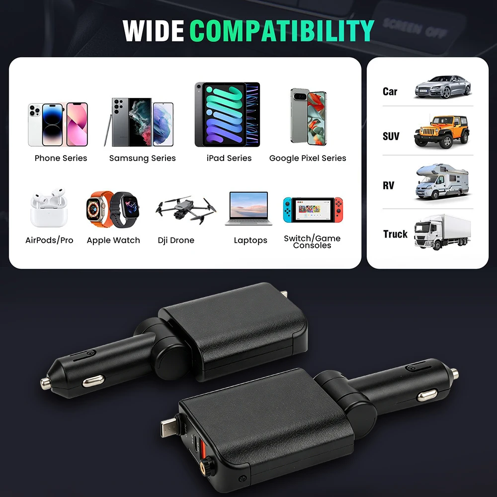 100W Car Charger with Starlight Fast Charging PD 30W Type-C Retractable Cable 3 Ports Phone Charger For Android Car Accessories