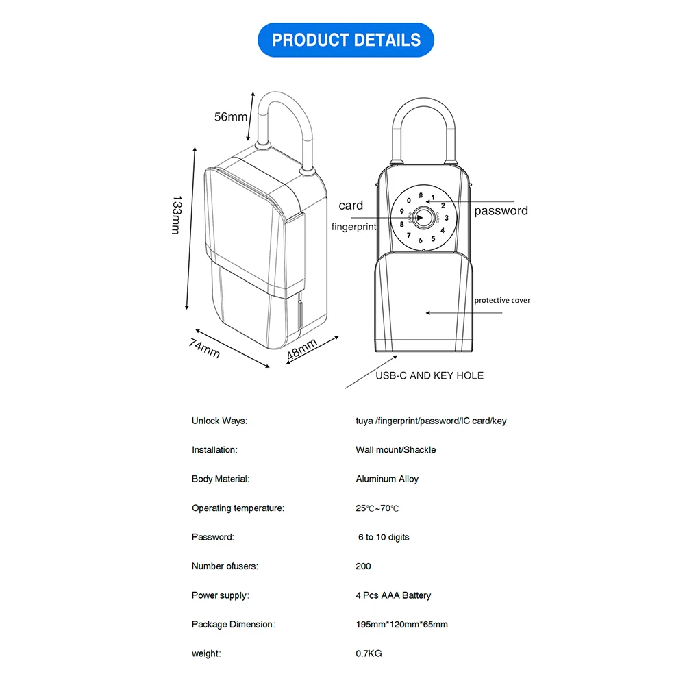 Outdoor Waterproof Key Box Tuya BLE Security Box Fingerprint/Card/APP/Password/Key Unlock Security Intelligent Metal Wall Mount