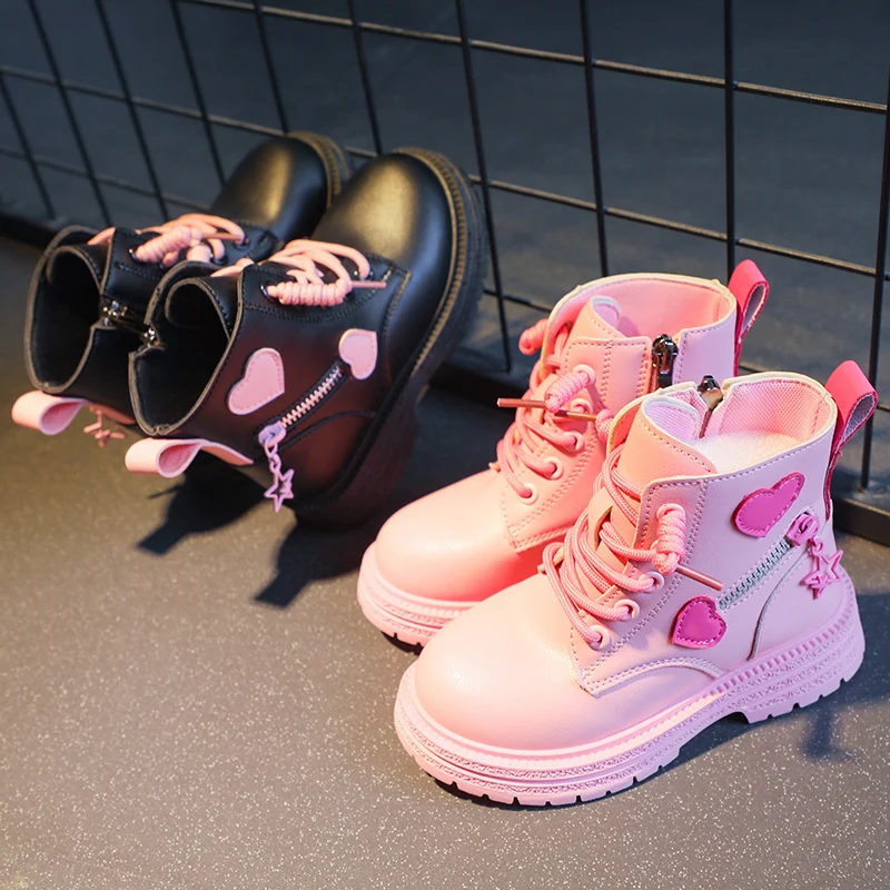 British PU Cool Girls Autumn and Winter Casual Cotton Boots Soft Pink with Love Side Zip Princess Kids Fashion Girls Ankle Boots