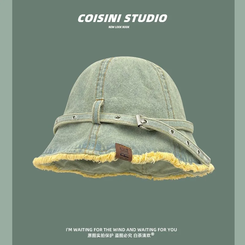 Retro Tooling Style Belt Design Raw Edge Denim Bucket Hats for Women Spring and Summer Streetwear Sunscreen Leisure Basin Caps