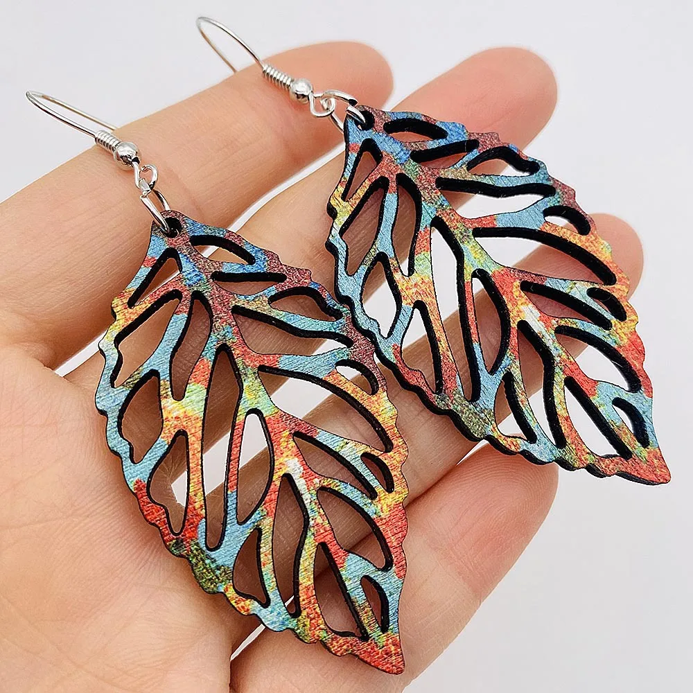 Vintage Hollowed Cutout Leaf Earrings Colorful Bohemian Wood Earrings for Women Original Design Wooden Jewelry Wholesale