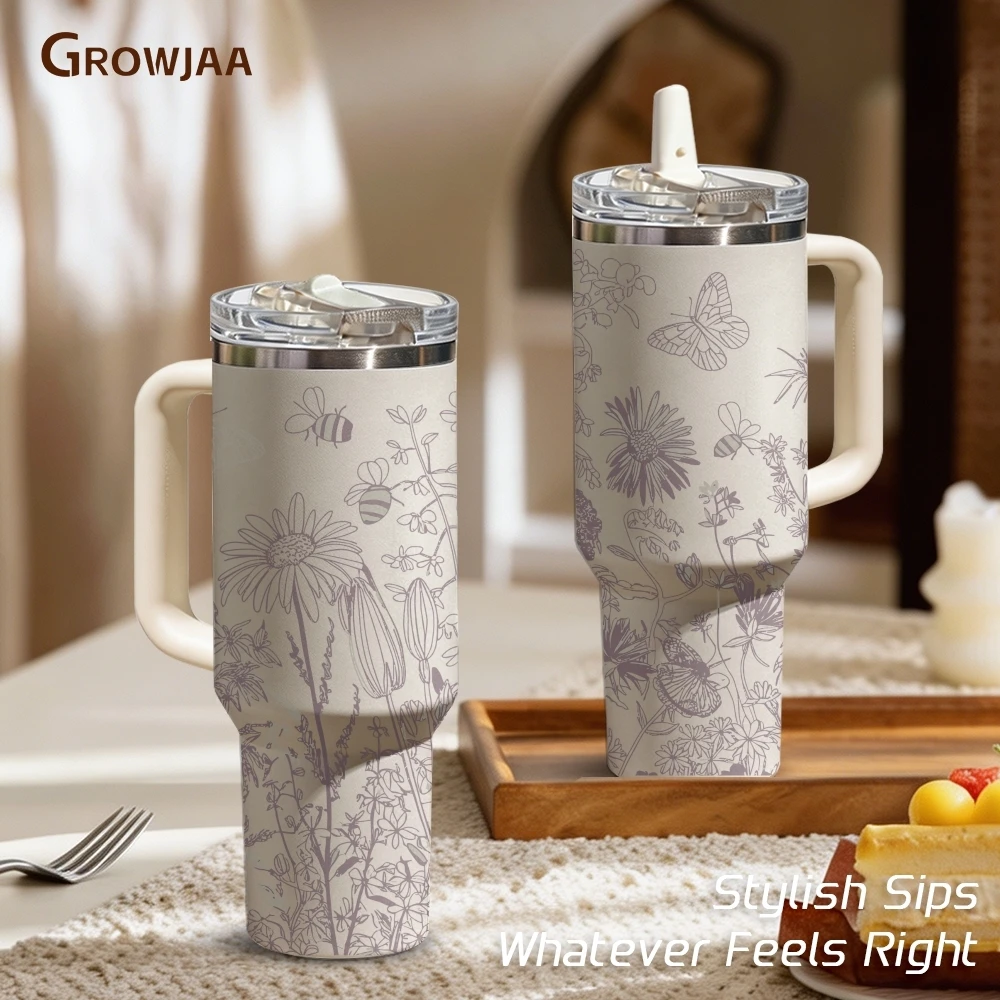 

Floral with Butterfly Vacuum Flasks 40oz 3rd Gen Vacuum Insulated Tumbler with Handle Straw Lid for Gym Office Travel