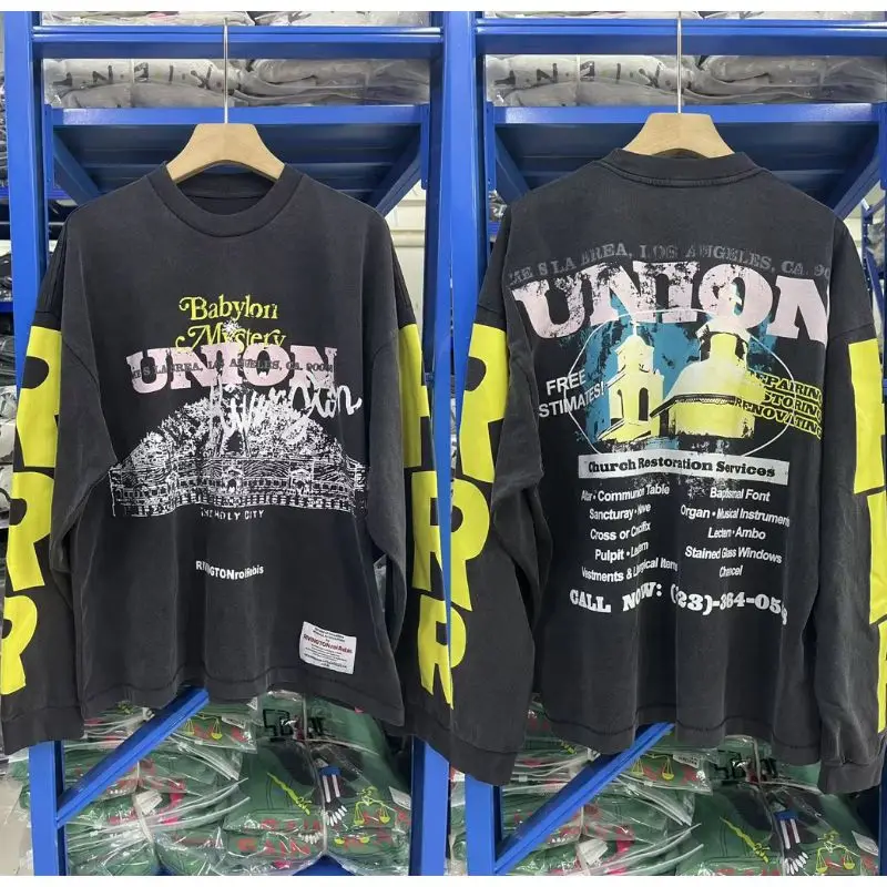 Y2K Retro RRR123 Lange Mouw Tops Graffiti Faded Brief Print Gewassen T-shirts Amerikaanse Hiphop Straat Katoen Mannen Vrouwen Sweatshirts