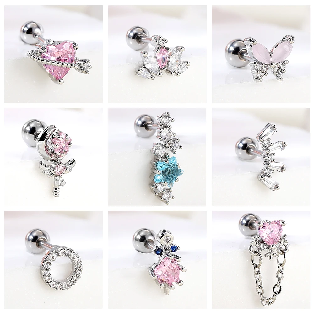 ZS 18G 1PC Cute Heart Studs Earring Pink Crystal Ear Stud Stainless Steel Helix Earring Girl Sliver Plated Star Moon Ear Jewelry