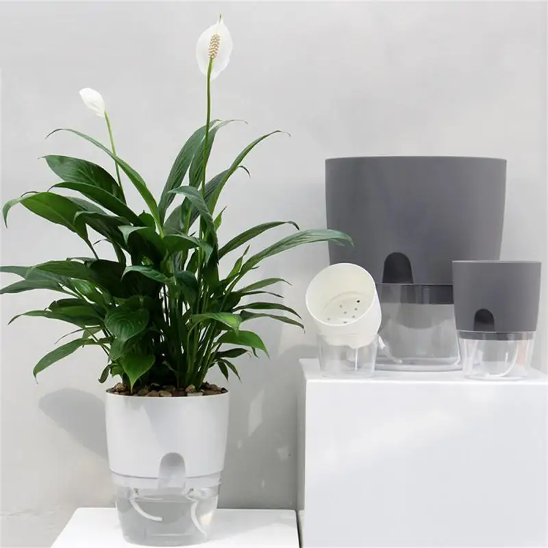 Transparent Double Layer Plastic Flower Pot  Automatic Water Absorption Flowerpot With Cotton Rope Home Garden Hydroponic Pots