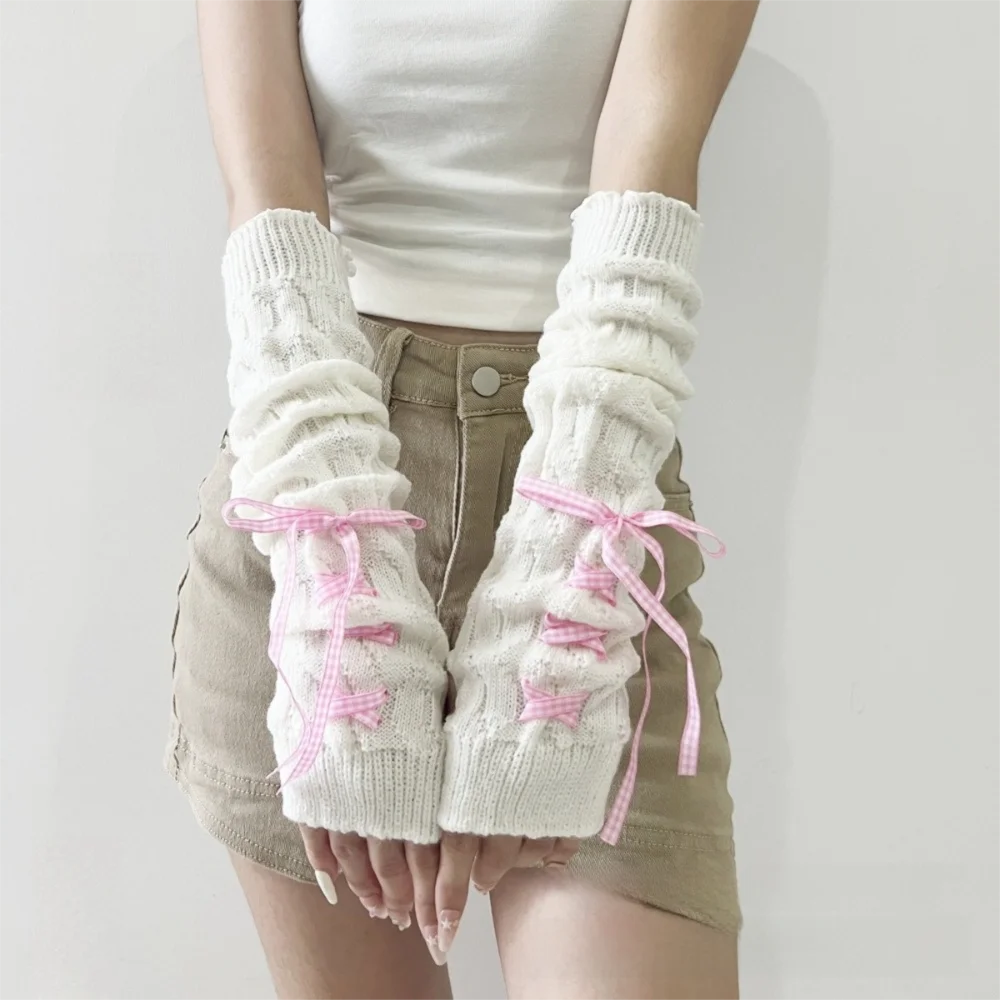 

Новые длинные теплые перчатки, морозостойкие с лентой, теплые вязаные перчатки без пальцев с рукавами, осень-зима