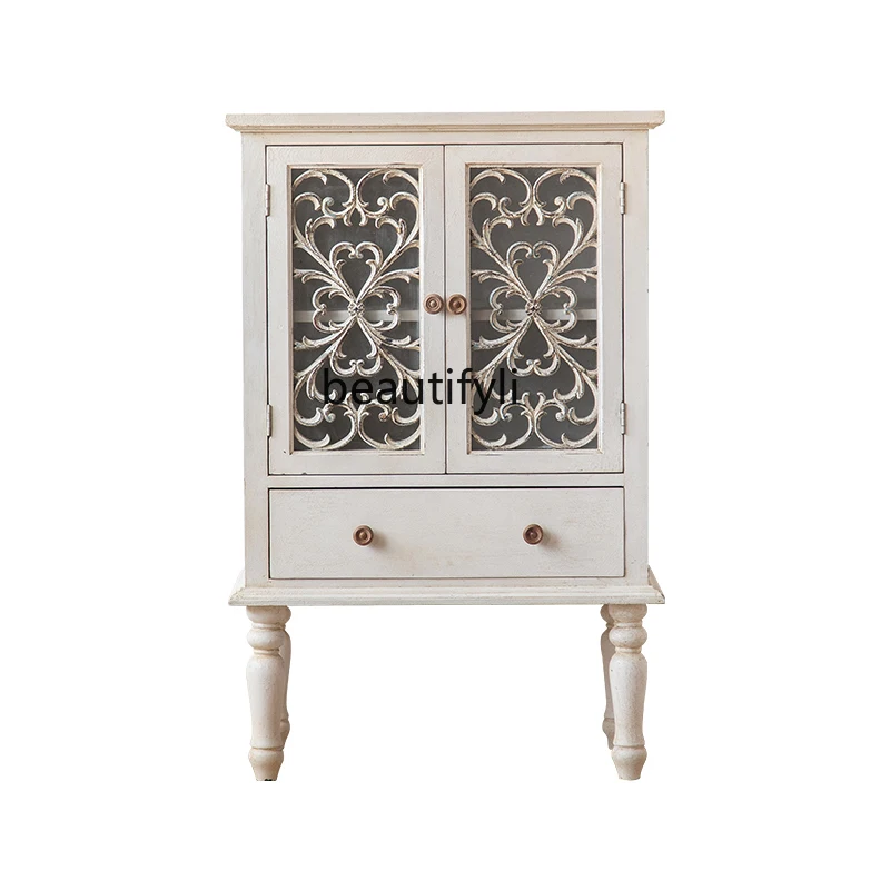 

American White Glass Cabinet Chinese New Style Furniture Entrance Cabinet Wood Carved Glass Door Sideboard Cabinet Shoe Cabinet