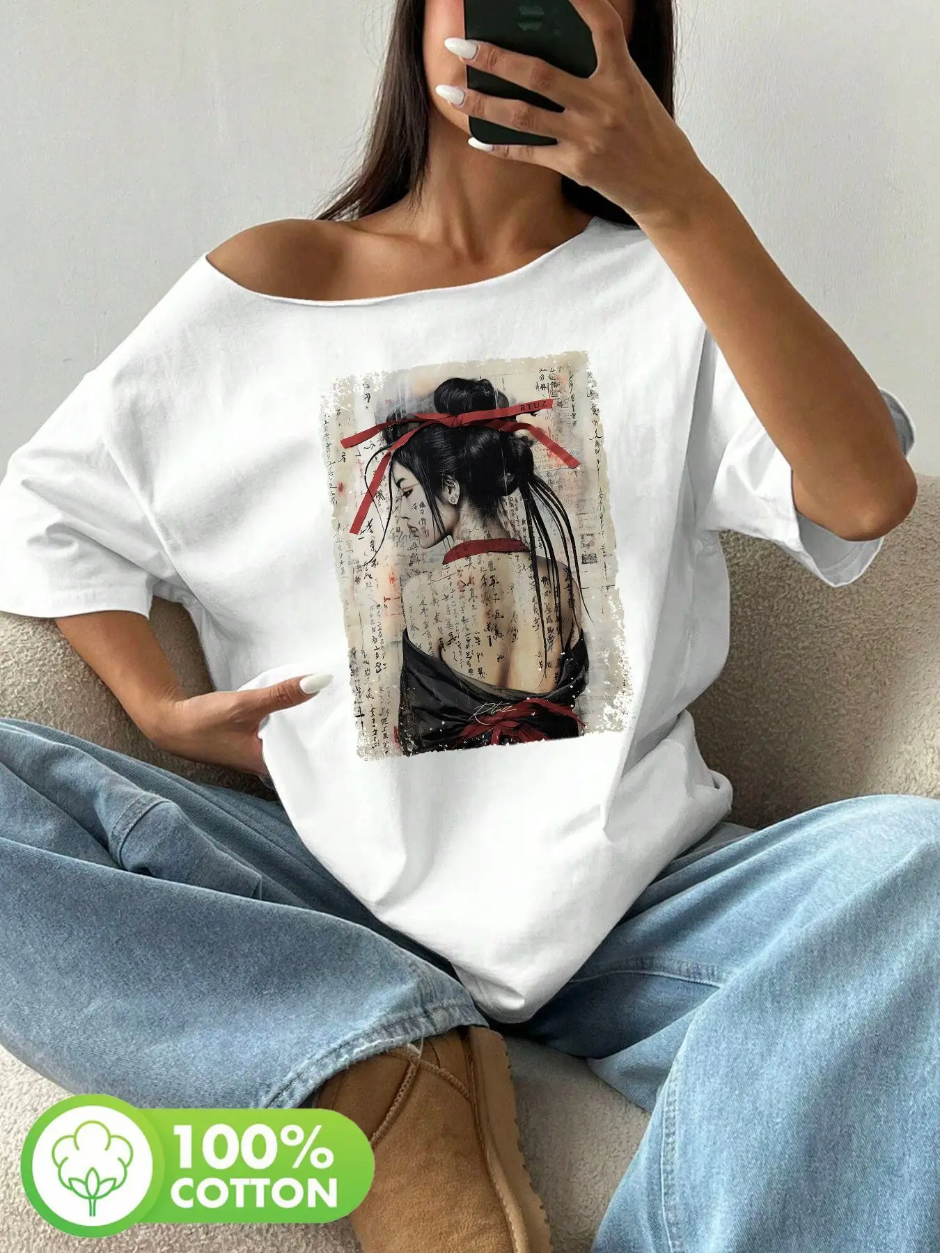 

Plus Size 100% Cotton Shoulder Loose Print T-Shirt Oversized Y2K Style Graphic Tees Women Tops Summer Off The Shoulder Top Ja