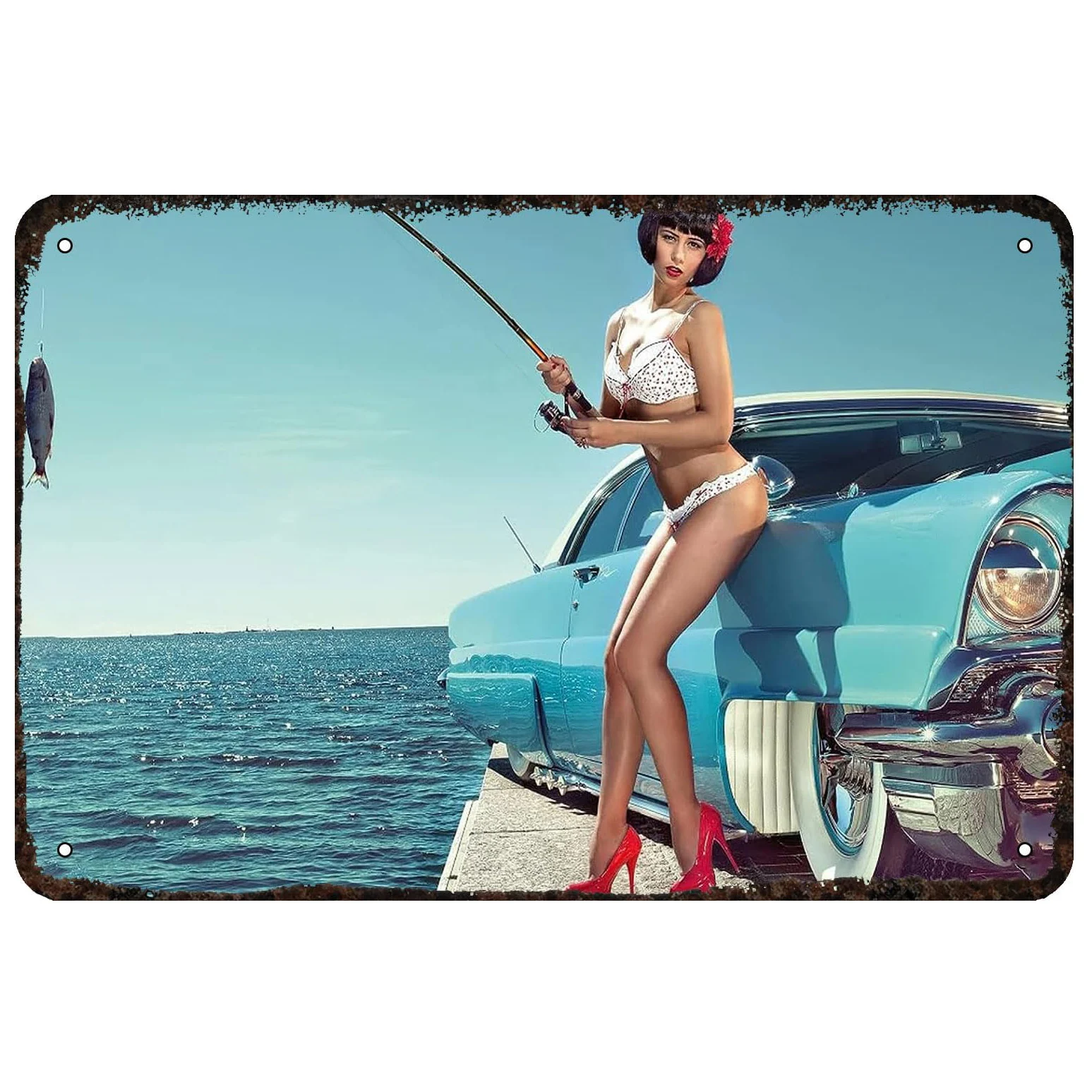 Metal Tin Signs Pinup Fishing Girls Wall Decoration Plaque Vintage Poster Iron Painting for Man Cave Home Cafe Garden Club Bar