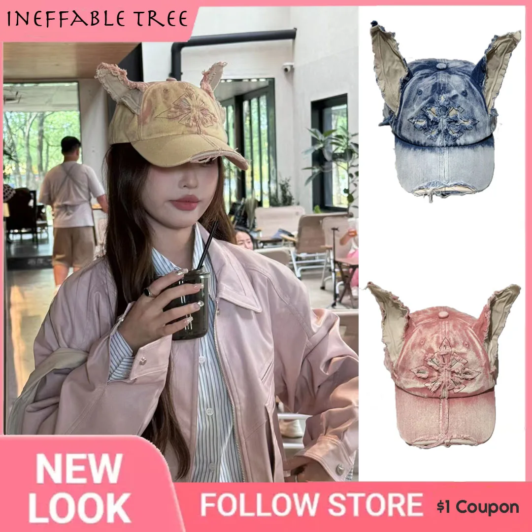 Y2K American Wasteland Style Retro Dog Ears Baseball Hats for Female Trendy Brand Hip Hop Big Head Denim Baseball Cap Gorras