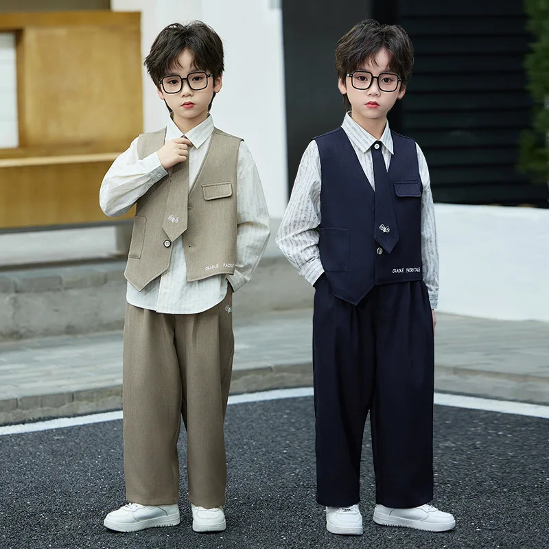 New Children Boy Suits Spring Autumn Kids Boys Vest Coat+striped Shirts+pant Outfit Boy Wedding Birthday Photography Costume