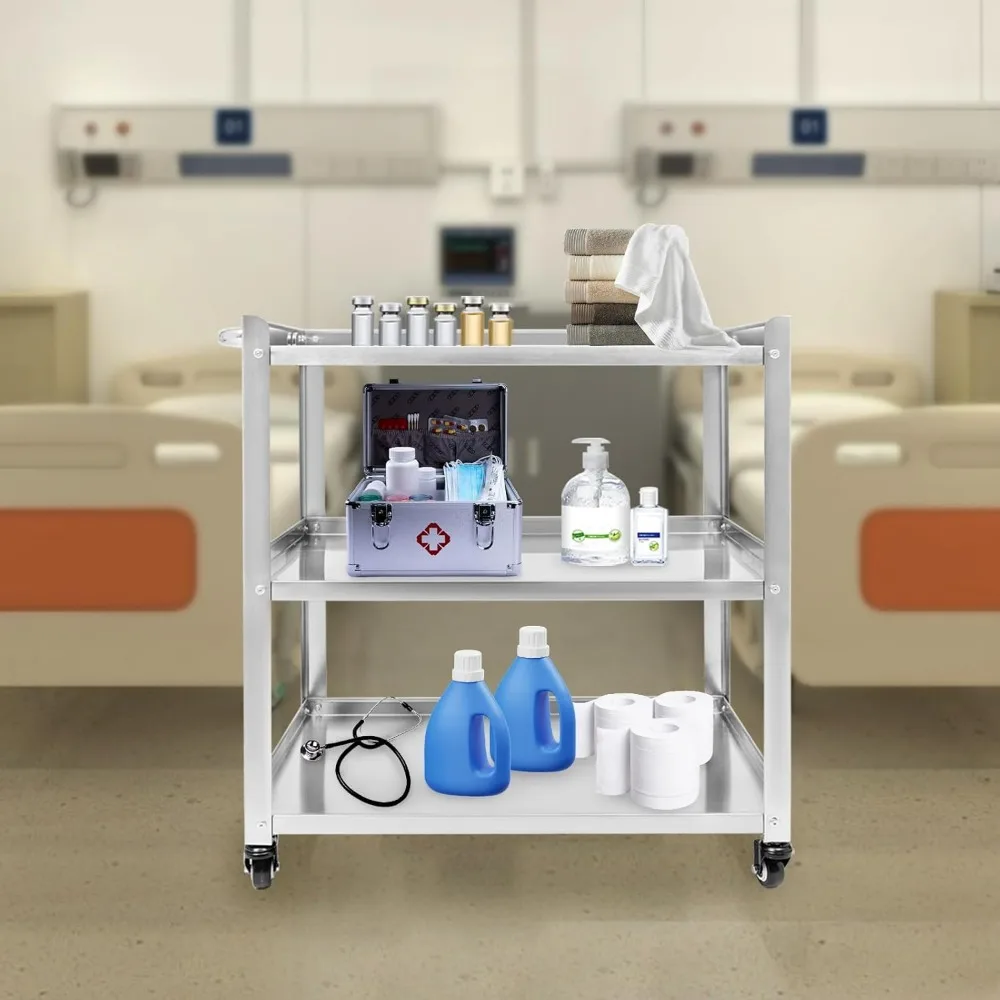 3 Tier Stainless Steel Kitchen Trolley Cart, Foldable Utility Serving Storage Rolling Car Shelf with Wheels, Shelving Unit for H