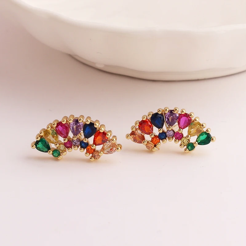 Fashion Women Micro Paved Wedding Party Jewelry Fan Design Rainbow Copper CZ Stud Earrings Simple Daily Design